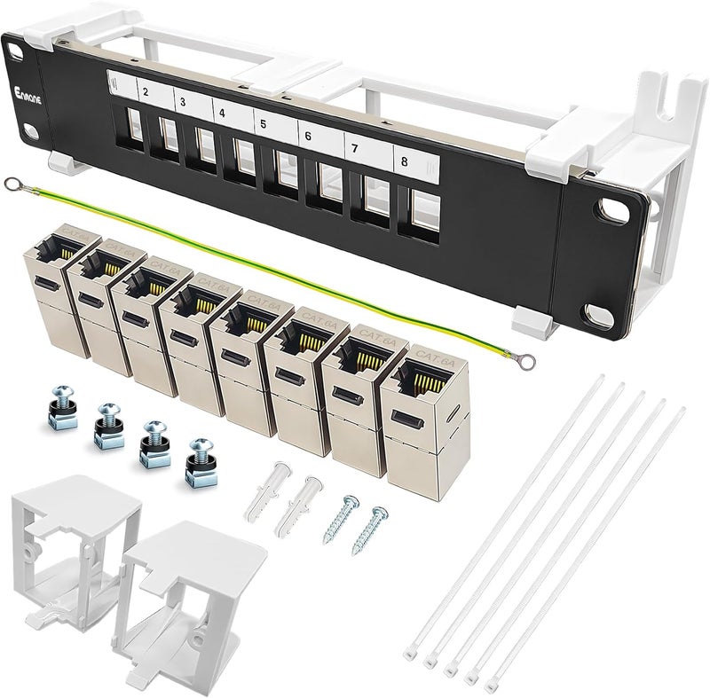 Enmane 8 Port Patch Panel Keystone Coupler CAT6A Shielded (EC Listed) Wall Mount 10 Inch with 89D Bracket Ethernet Patch Panel (CAT6A) - Image 1